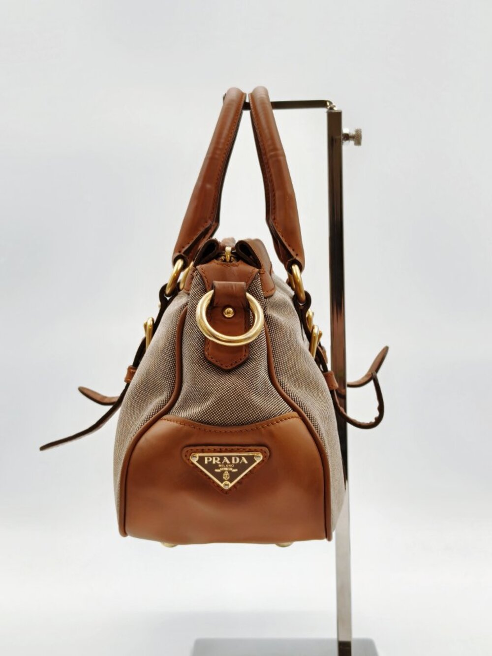 Prada Canapa Canvas Leather Satchel Handbag Brown Logo Top Handle Bag - Picture 3 of 13